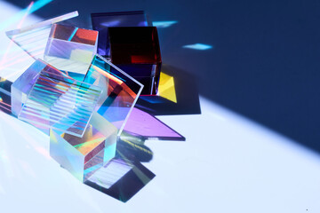 Prismatic Reflections. Colorful glass prisms casting vibrant shadows and reflections