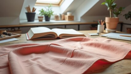 Cozy attic workspace with open book and fabric on wooden table