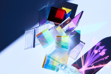 Prismatic Reflections. Colorful glass prisms casting vibrant shadows and reflections