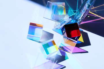 Prismatic Cubes. Colorful glass cubes casting vibrant reflections in a minimalist setting.