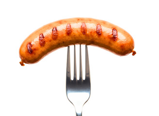 Grilled sausage on a fork isolated on transparent background