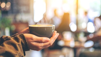 Steaming Coffee Held in Hands, Warmth and Comfort in a Cafe Setting
