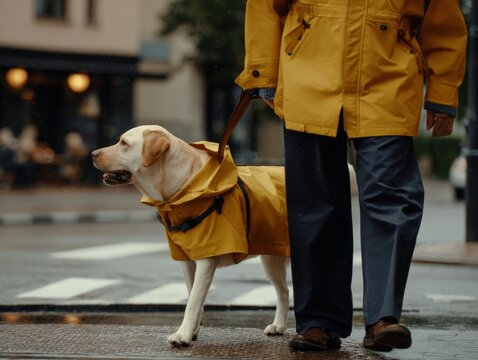 A labrador retriever and its owner stroll across a street during the rain. - Powered by Adobe