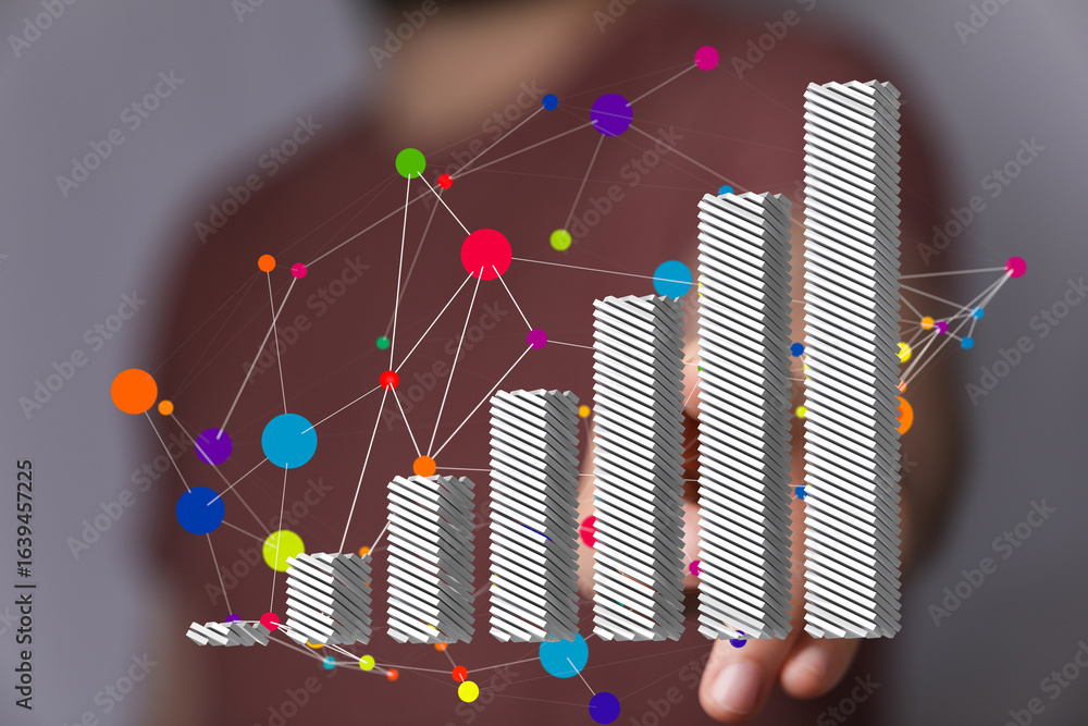 Poster stock photo of a person interacting with a 3d bar chart showing upward business growth and data conn