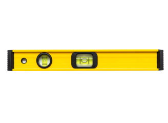 Yellow spirit level tool for measuring horizontal and vertical alignment isolated on transparent background