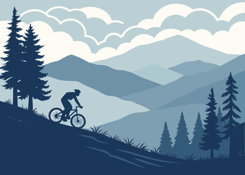 A vector illustration of a mountain biker riding down a hill with mountains, trees, and clouds in the background, ideal for outdoor adventure and sports themes