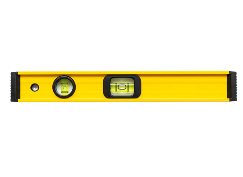 Yellow spirit level tool for measuring horizontal and vertical alignment isolated on transparent background