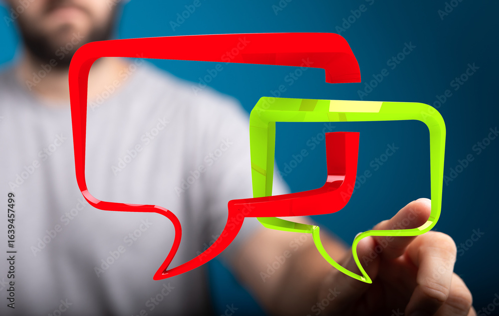 Poster abstract image of a person interacting with 3d speech bubbles, symbolizing communication and dialogu