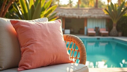 Tranquil poolside with coral pillow and rattan chair in tropical resort