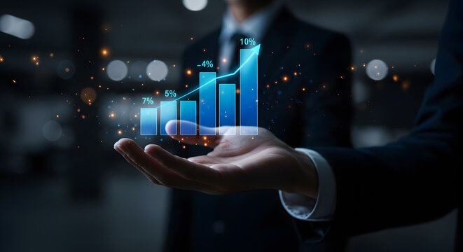 Businessman holding a holographic bar chart showing business growth and financial performance data with an upward arrow.