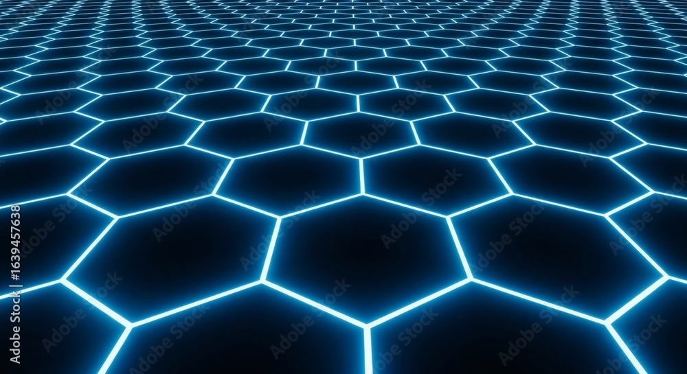 Poster digital hexagon grid background with glowing blue lines - tech and network concept