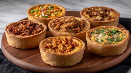 Delicious individual savory pies with various fillings displayed on a wooden platter