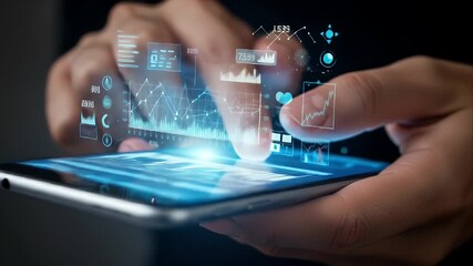 Hands interact with a futuristic digital interface displaying graphs - Powered by Adobe