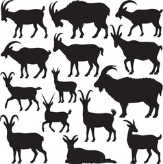 Collection of Black Goat Silhouettes in Multiple Poses on White Background animal