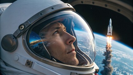 Astronaut with Earth Reflection and Rocket Launch in Visor