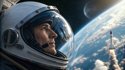 Astronaut Observing Earth and Rocket Launch in Space