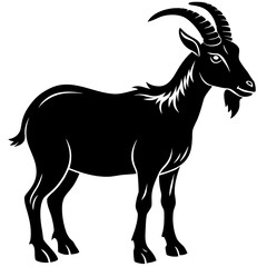 Obraz premium Detailed black silhouette of a goat isolated on white background, showcasing its majestic horns and strong build, perfect for heraldic and historical themed designs