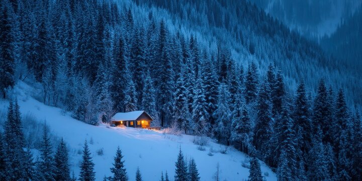 A glowing cabin nestled among snowy fir trees on a mountain slope