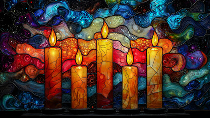 Colorful Stained Glass Texture with Burning Candles, Mindfulness & Wellness Visual, Horizontal Poster or Web Header.Generative AI