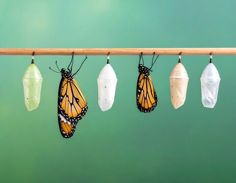 A monarch butterfly emerges from its chrysalis, showcasing its transformation alongside other stages.