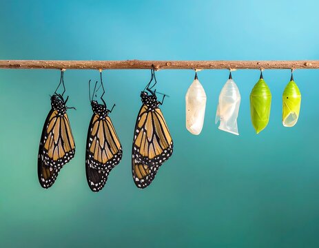 Monarch butterflies emerging from their chrysalises, showcasing the stages of metamorphosis.