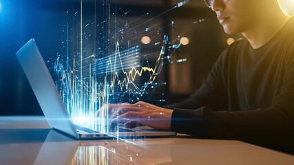Person using a laptop with a glowing data visualization - Powered by Adobe