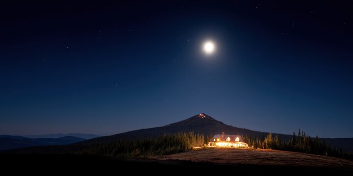 A glowing mountaintop cottage seen from afar in moonlight