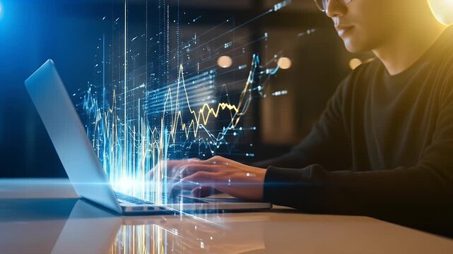 Person using a laptop with a glowing data visualization - Powered by Adobe