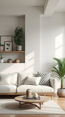 Fototapeta premium Bright minimalist living room with large windows, white sofa, wooden floor, potted plant, calm and modern interior design concept