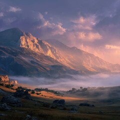 Naklejka premium Sunrise over misty mountain valley, scenic landscape, nature photography, travel postcard