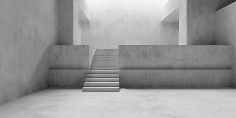 Abstract empty, modern concrete room with stairs to podium with divider pillars and rough floor - industrial interior background template