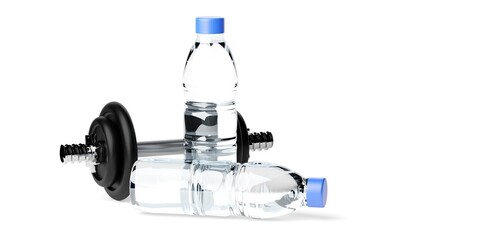 Single exercise sport dumbbell with two water bottles on white background, healthy lifestyle, hydration or fitness concept