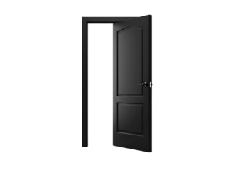 Open black interior door with frame isolated on transparent background