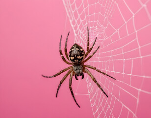 Close-up of a spider with a web on a pink background. A natural wallpaper.