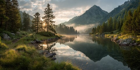A golden dawn in a flower-filled alpine valley with pine forests and a glassy lake photorealistic, mist-filled