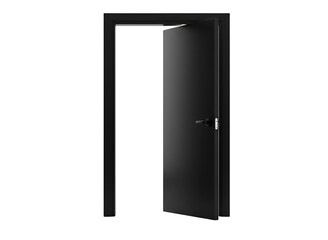 Open black interior door with frame isolated on transparent background