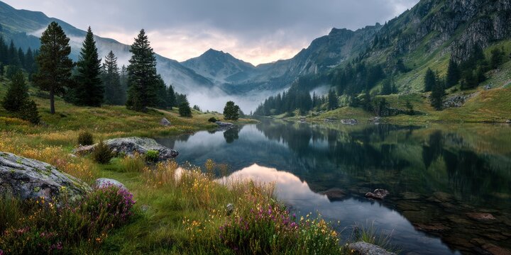 A golden dawn in a flower-filled alpine valley with pine forests and a glassy lake photorealistic, mist-filled