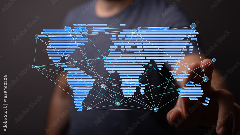 Poster abstract image of a digital world map, illustrating global connections and data flow.