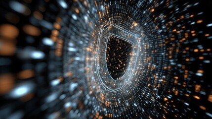 3D digital shield with electric pulses and cascading binary numbers