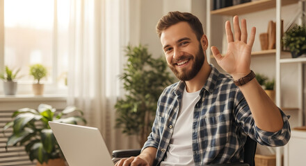 Smiling man in wheelchair waving hello during a video call working from home happy positive cheerful remote work accessibility inclusion diversity technology laptop home office
