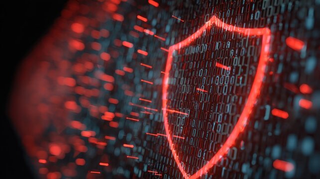 3D digital shield with electric pulses and cascading binary numbers