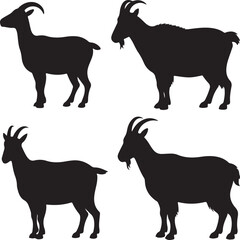 Four Black Goat Silhouettes Standing in Profile Against White Background animal farm
