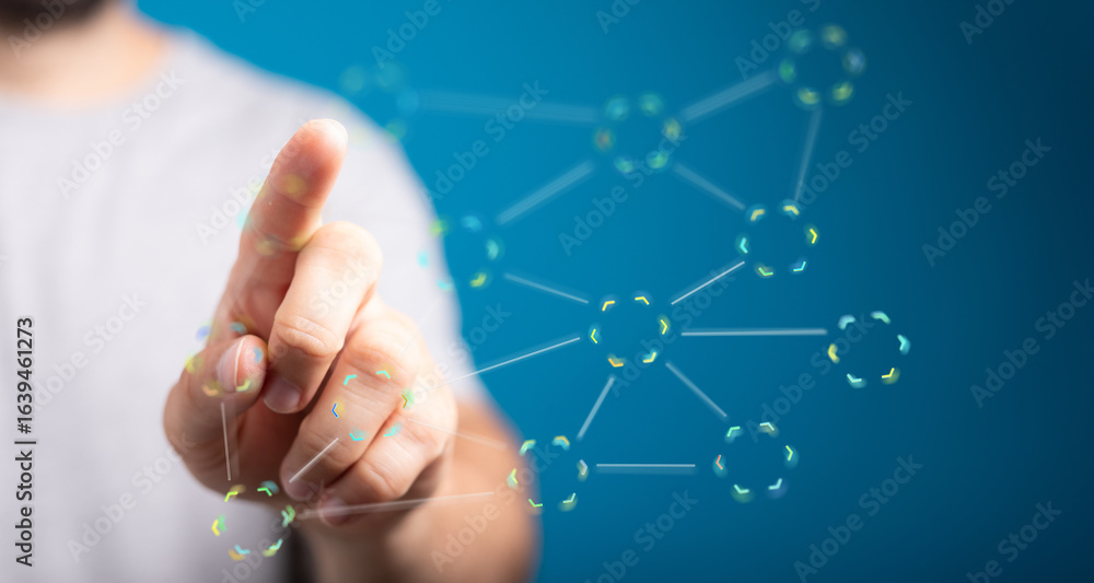 Poster person touching a digital network interface. concept of connectivity and technology.