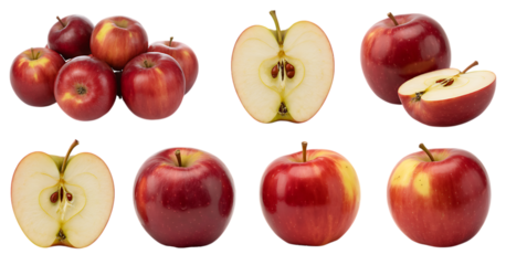 Collection of whole and halved red apples with visible seeds isolated on a transparent background fruit