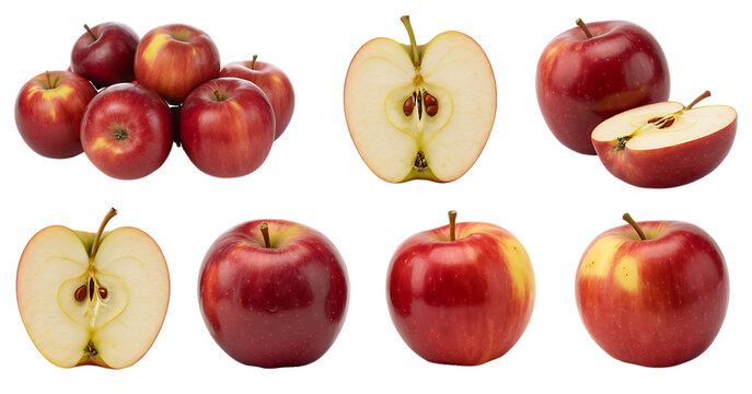 Collection of whole and halved red apples with visible seeds isolated on a transparent background fruit