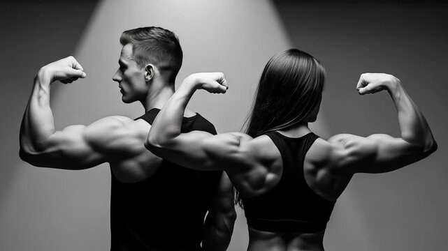 Muscular Man and Woman Flexing and Posing Back-to-Back in Dynamic Black and White Studio Shoot