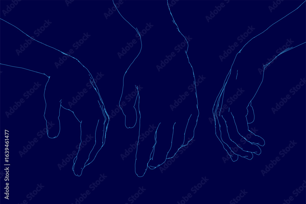 Poster three hands drawn in clean contour lines reach toward each other against a deep blue background. the