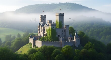 Obraz premium Photo of majestic medieval castle perched atop a hill, surrounded by lush green trees and morning mist