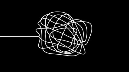 White animated scribble ball chaotic doodle line tangled in the center of black background, minimal motion design style shape used for stress, confusion, complexity or brainstorming animation themes