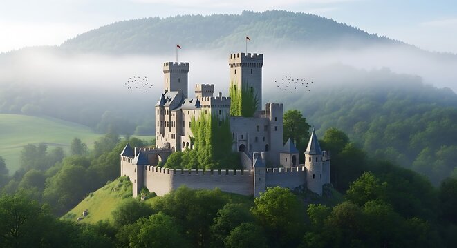 Photo of majestic medieval castle perched atop a hill, surrounded by lush green trees and morning mist